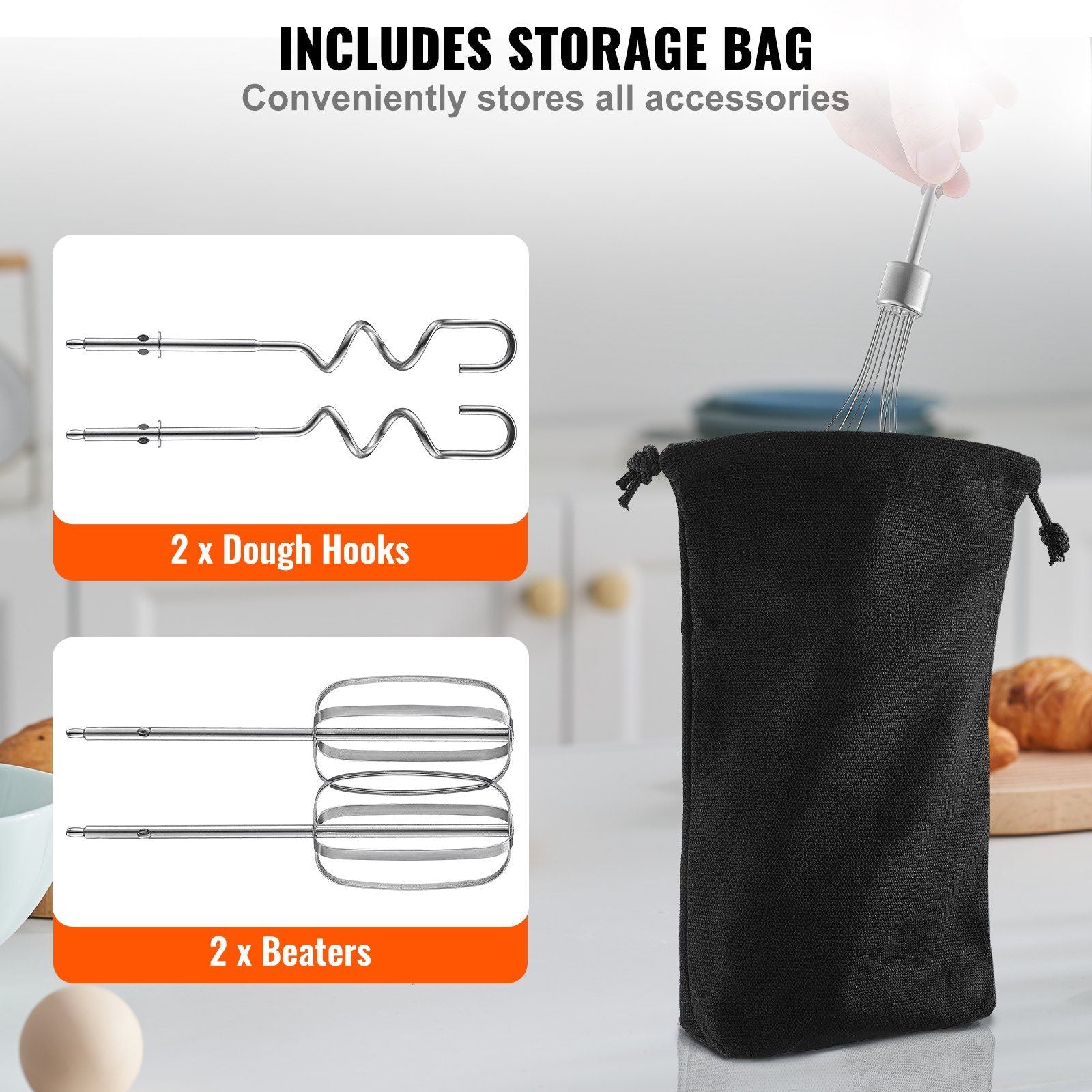 VEVOR Cordless Electric Hand Mixer, 250W, Continuously Variable Electric Handheld Mixer, with Turbo Boost Beaters Dough Hooks Storage Bag, Baking Supplies for Whipping Mixing Egg Cookie Cake Cream