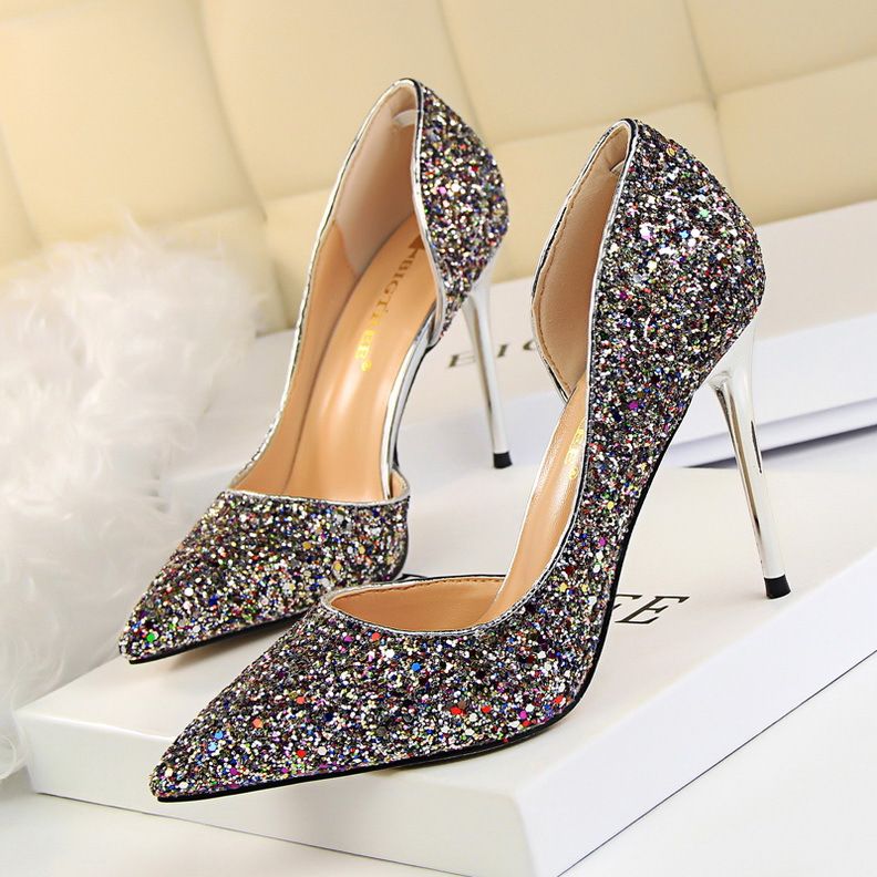 Women's Pumps; sexy women's high-heeled shoes; thin heel pointed leather shoes; hollow sides; sequins decoration