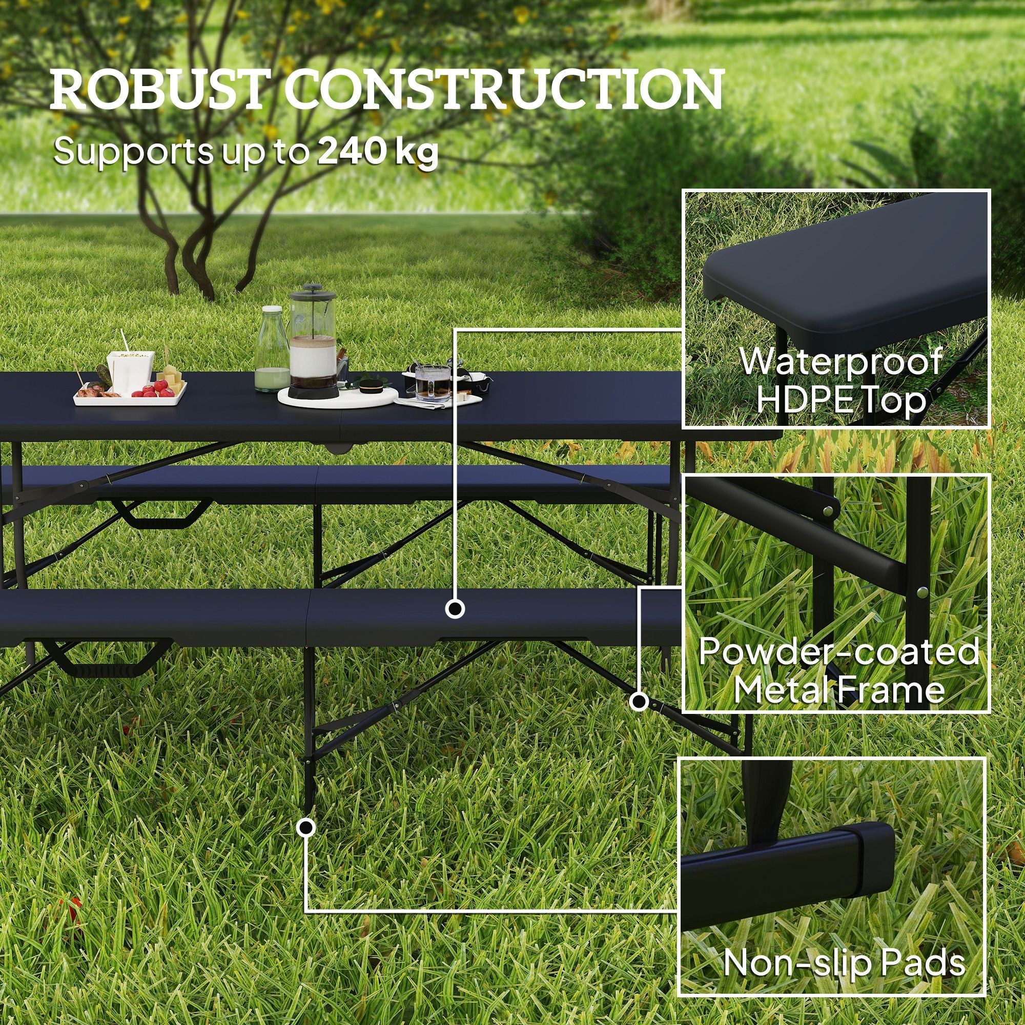 2 Pack 6 ft Portable Foldable Bench Seats, Plastic Folding Benches with Carrying Handle for Camping, Black