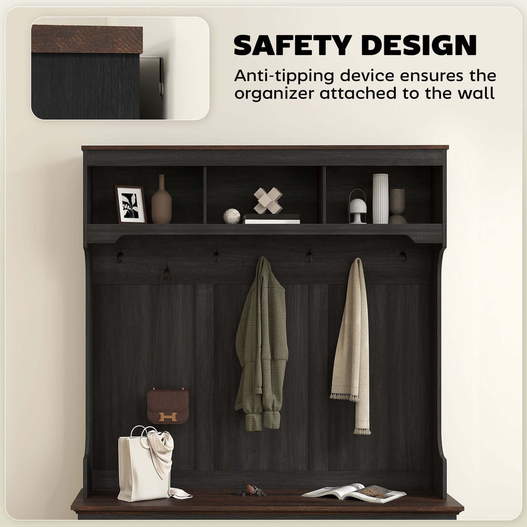 HOMCOM 3-in-1 Hall Tree with Shoe Storage, Coat Rack with Bench, Entryway Furniture with Hooks, Black Wood Grain