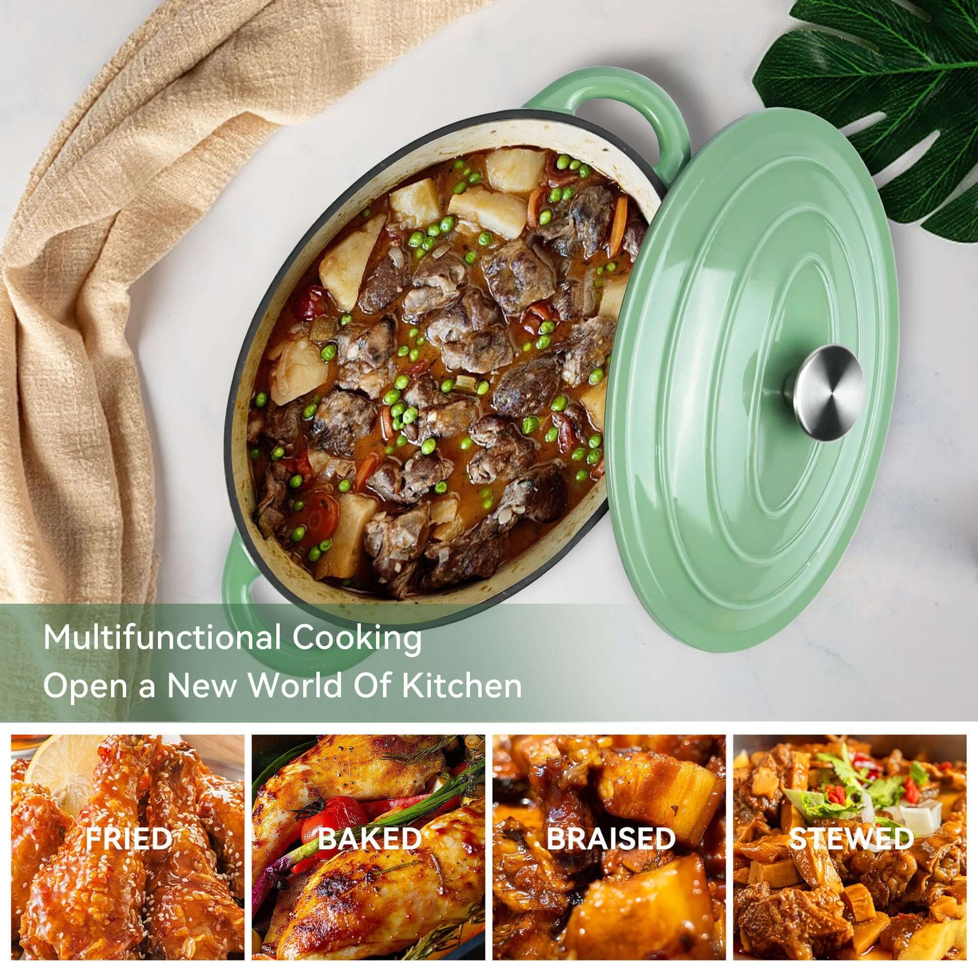 Cast iron soup POTS are suitable for various tools, such as ceramic, gas, induction cookers or barbecue grills. It can be used for cooking, baking and refrigeration.