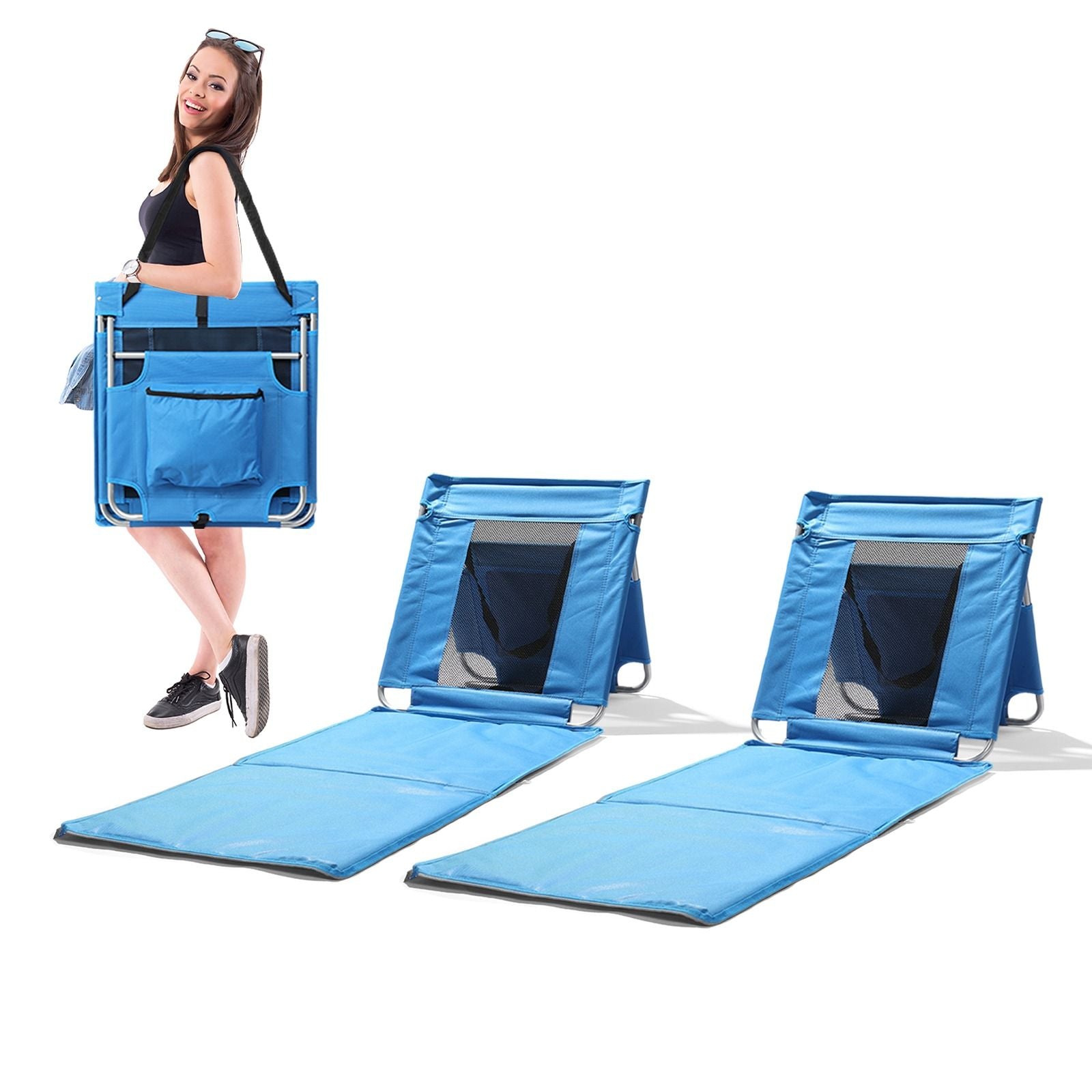 Foldable Outdoor Lounge Chair 174x54cm Blue Beach Sunbed with Cooler Bag Oxford Cloth and Iron Frame Breathable Mesh Portable Reclining Cot for Camping Patio Poolside