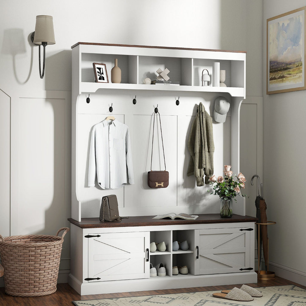 HOMCOM 3-in-1 Hall Tree with Shoe Storage, Coat Rack with Bench, Entryway Furniture with Hooks, White Wood Grain