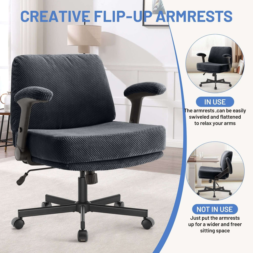Criss Cross Chair with Wheels and Flip Arms- Comfy Fabric Cross Legged Office Chair with Thick Cushion&Wide Seat, Adjustable Swivel Desk Chair for Home Office, Apartment, Bedroom