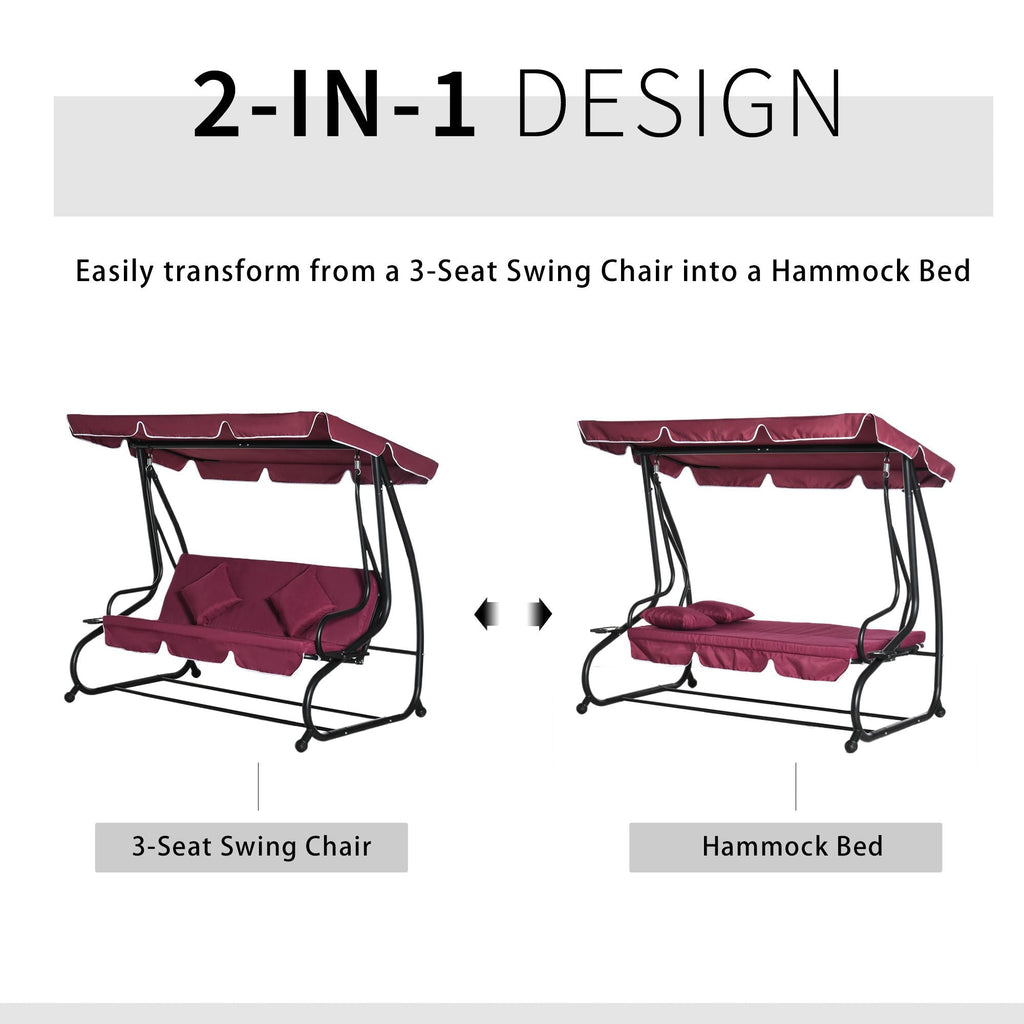 Outsunny 3-Seater Swing Bench with Stand Red Cushioned Outdoor Porch Swing Comfortable Canopy Included