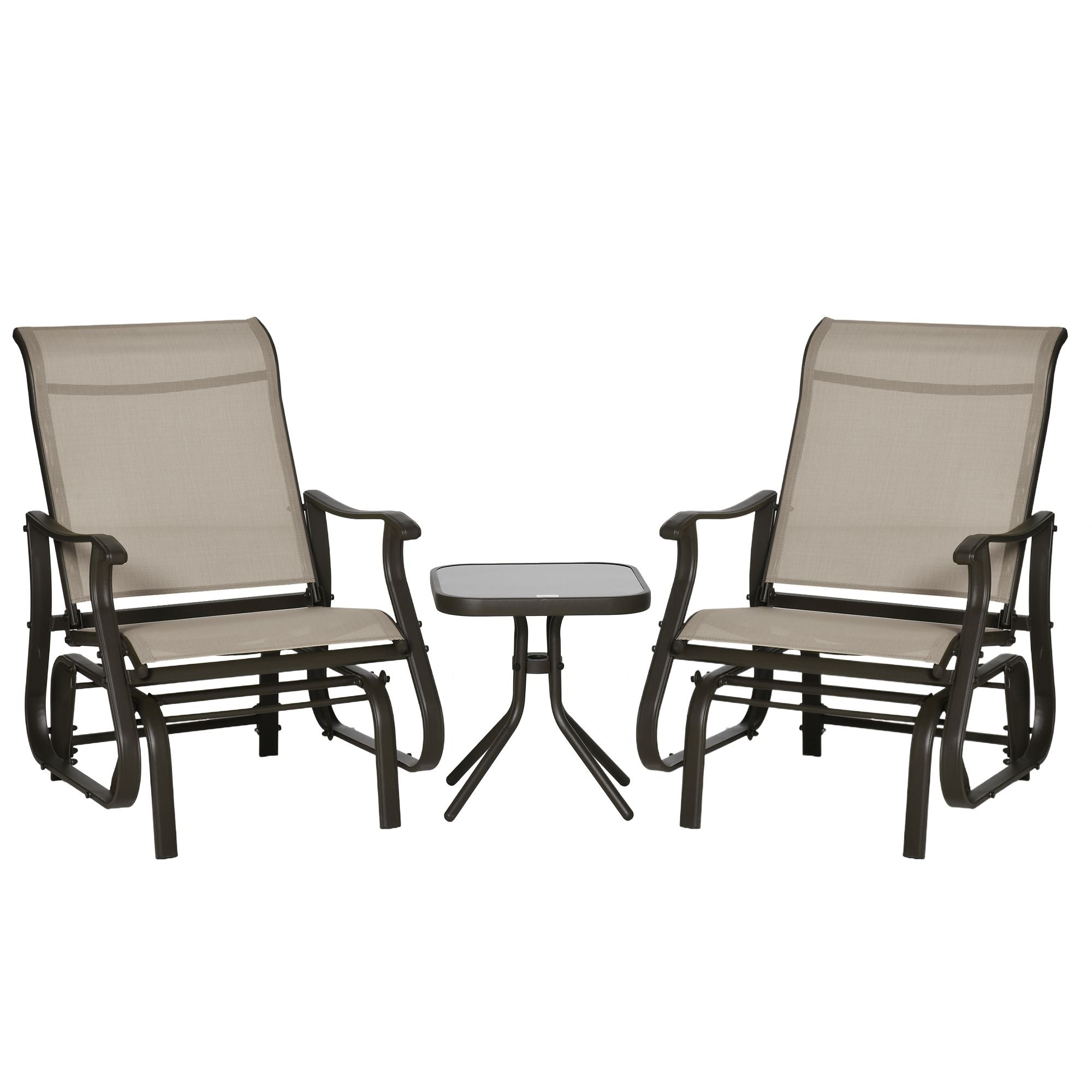 Outsunny 3-Piece Gliding Chair & Tea Table Set, Outdoor 2 Rocker Seats with Steel Frame, Tempered Glass Tabletop, Garden Patio Furniture, Grey