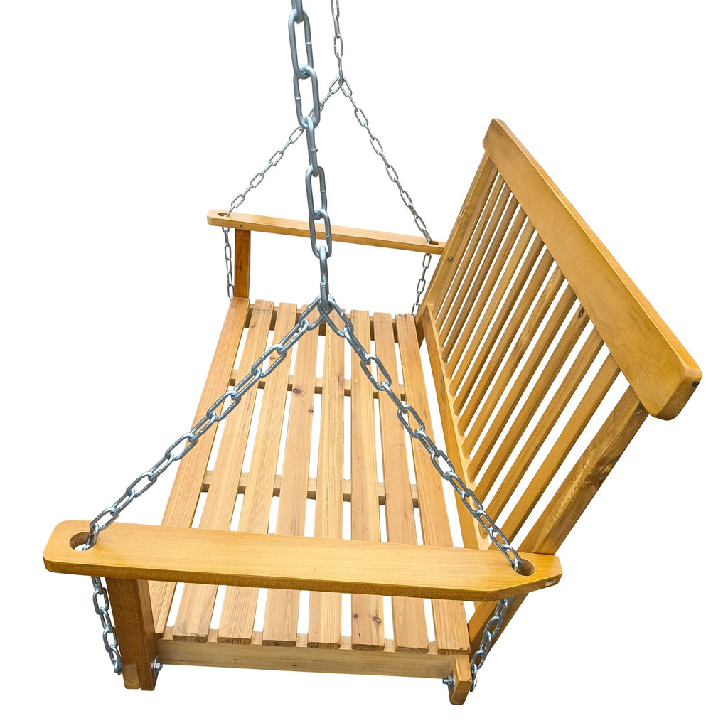 Front Porch Swing with Armrests;  Wood Bench Swing with Hanging Chains; for Outdoor Patio ; Garden Yard;  porch;  backyard;  or sunroom; Easy to Assemble; teak