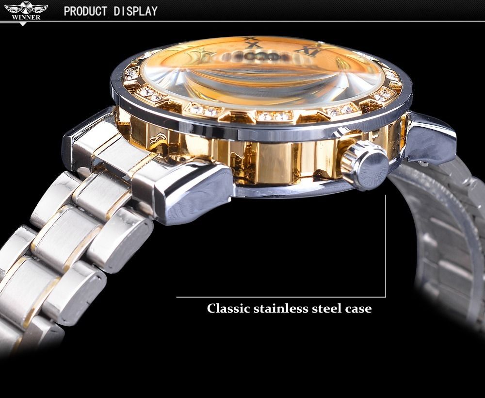 Fashion Casual Classic Popular Skeleton Rhinestone Manual Mechanical Watch Identity Status