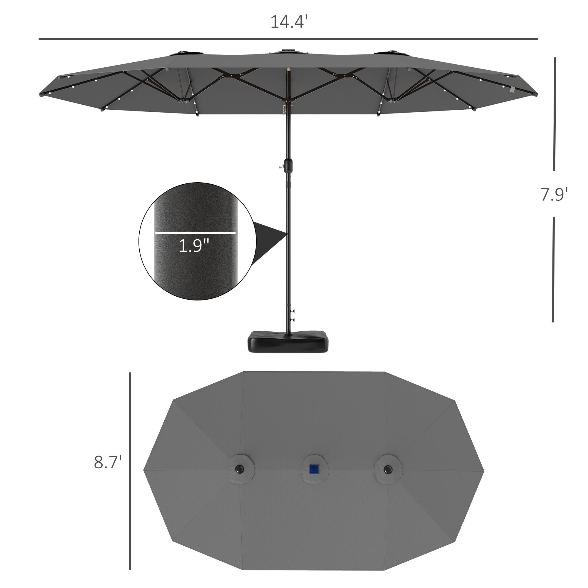 Outsunny Garden Parasol 14.4ft Double-Sided Sun Umbrella with Base, Patio Parasol with LED Solar Lights, Gray