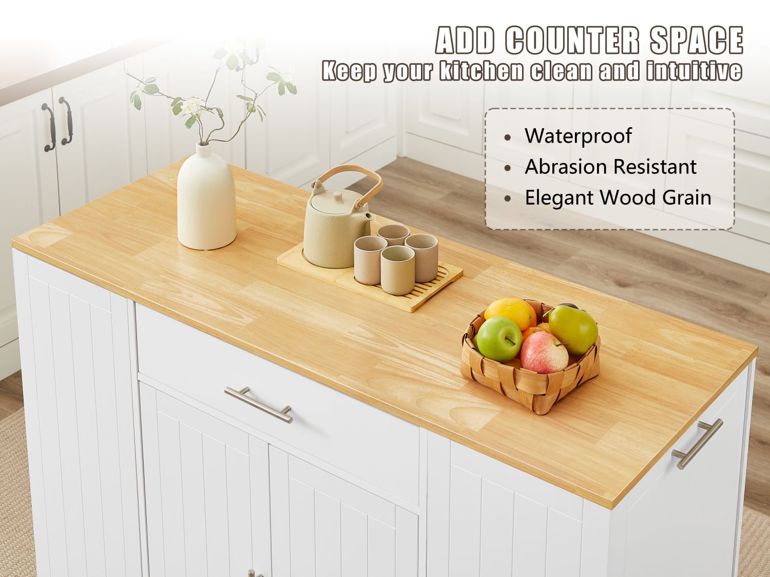 53'' Kitchen Storage Islands with Drawers and Trash Can Storage for Kitchen & Dining. Modern Farmhouse Design, White, 53.2"W x 20.9"D x 38.0"H.