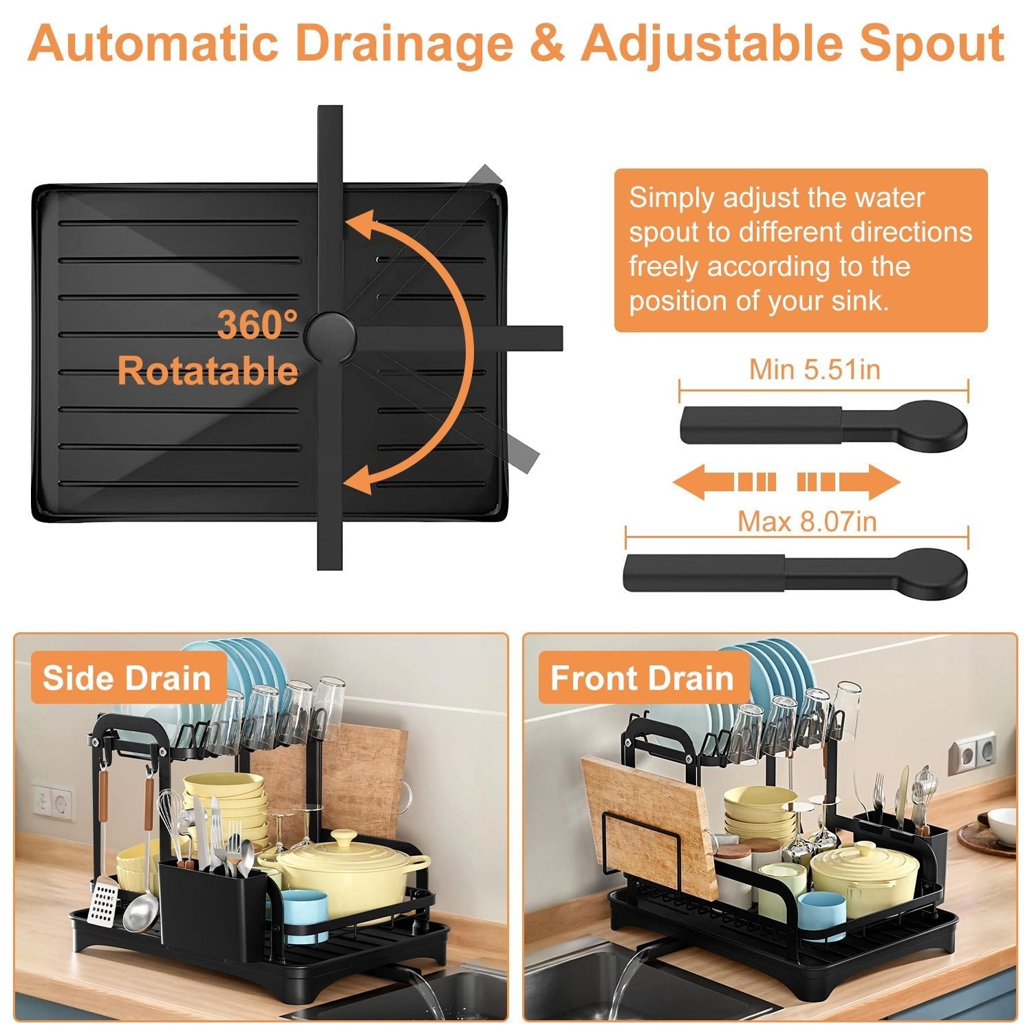 2-Tier Dish Drying Rack for Kitchen Counter Space Saving Rustproof Dish Rack with Drainboard Detachable Kitchen Drainer Organizer Set
