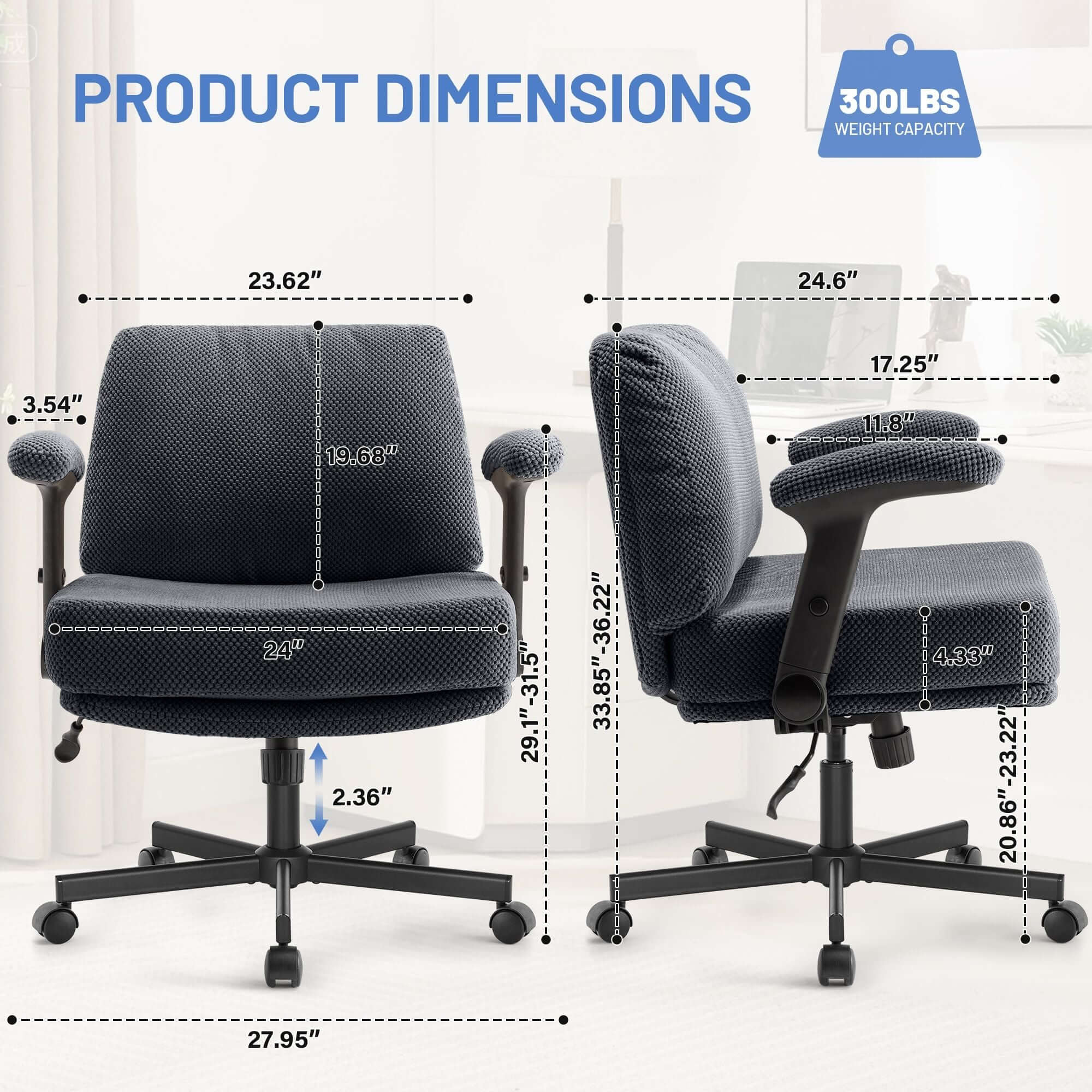 Criss Cross Chair with Wheels and Flip Arms- Comfy Fabric Cross Legged Office Chair with Thick Cushion&Wide Seat, Adjustable Swivel Desk Chair for Home Office, Apartment, Bedroom