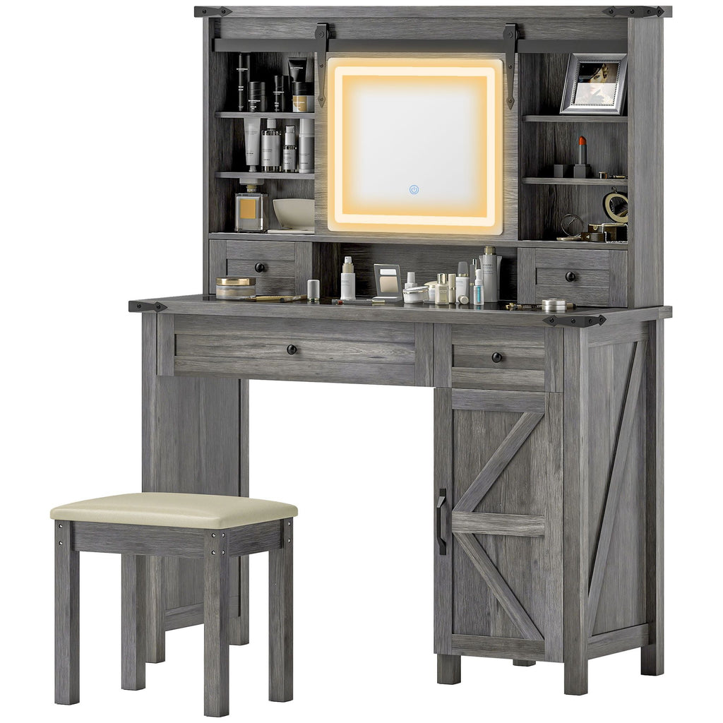 HOMCOM Vanity Desk Set with Mirror and Lights, Cushioned Stool, Storage Drawer, Cabinet, Shelves for Bedroom, Gray