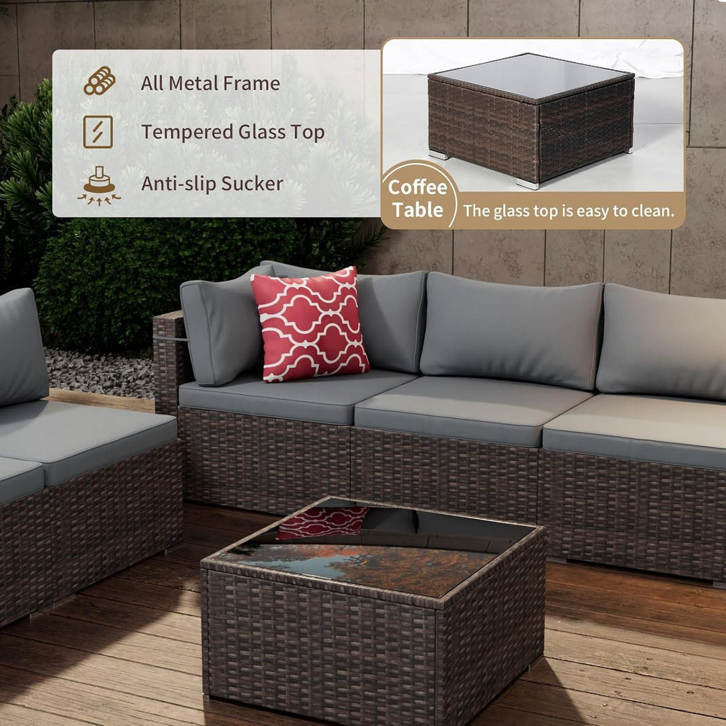 7 Pieces Outdoor Patio Furniture Set, Wicker Patio Conversation Sectional Sofa Set, All Weather PE Rattan Sofa with Glass Table and Cushions