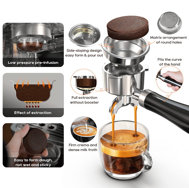 1350W Semi-automatic espresso machine with temperature adjusted mobile filter Cold / hot espresso 20Bar extraction mocha Nestle espresso Steam temperature and cup volume adjustable pre-soaking