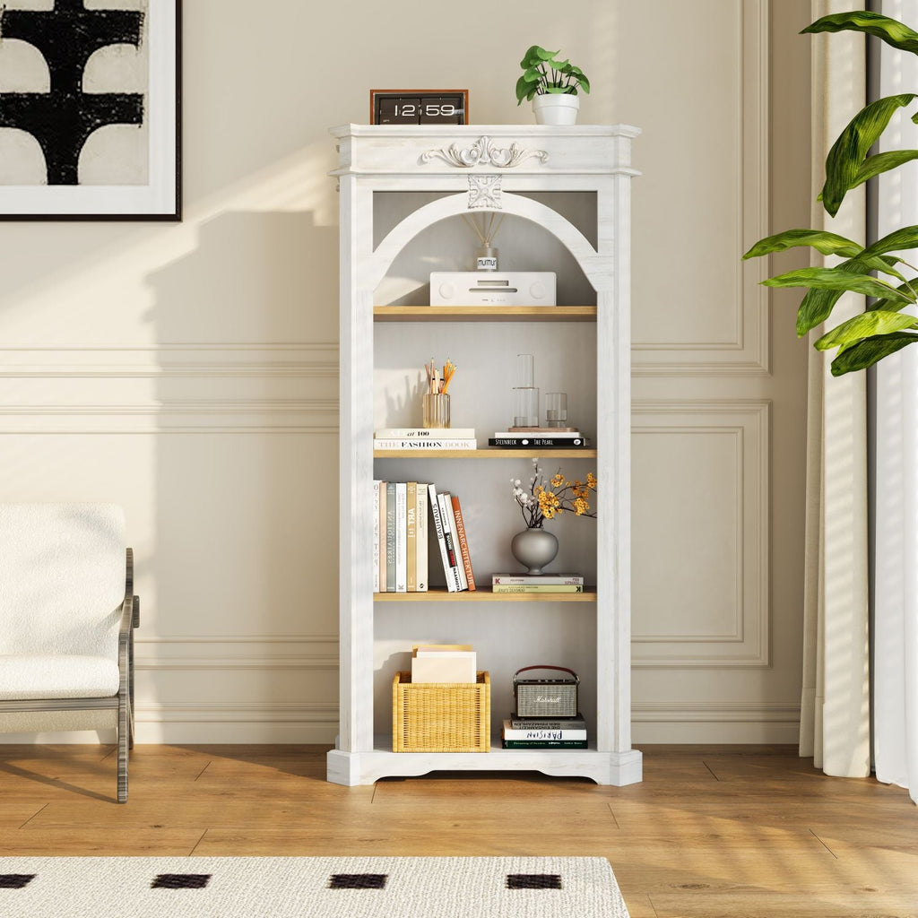 Antique 4 Tiers bookshelf,65 inch tall bookcase,tall floor standing bookcase for Home Office, Living Room, antique white