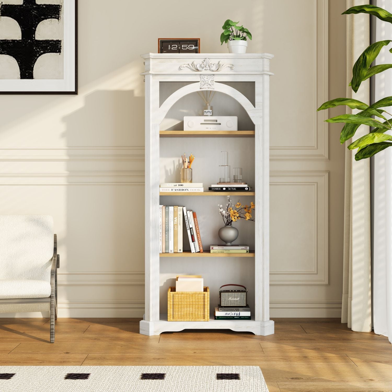 Antique 4 Tiers bookshelf,65 inch tall bookcase,tall floor standing bookcase for Home Office, Living Room, antique white