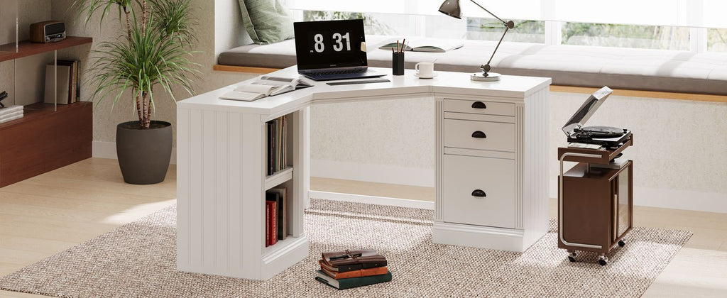 57.68" Modern L Shaped Executive Desk with 2 Storage Cabinets and 3 Drawers,Corner Writing Desk,Office Desk Furniture,Computer Desks with Depth Workstation for Home Office,Living room,White