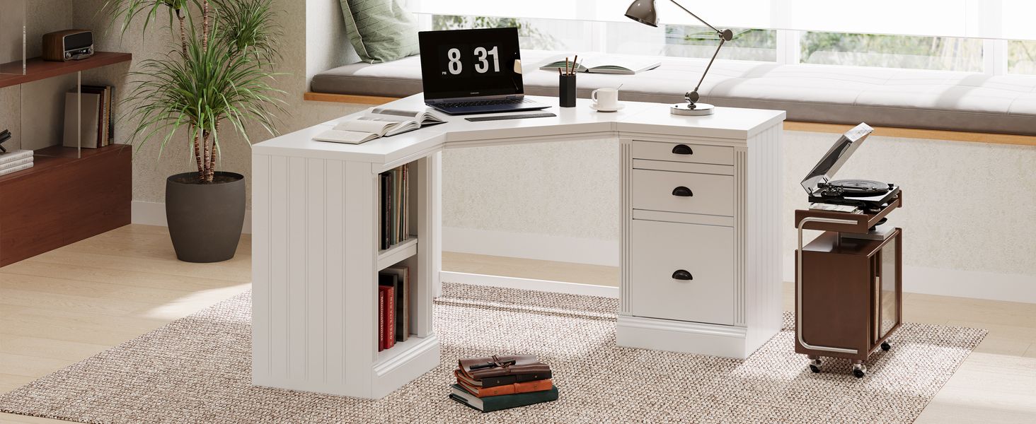 57.68" Modern L Shaped Executive Desk with 2 Storage Cabinets and 3 Drawers,Corner Writing Desk,Office Desk Furniture,Computer Desks with Depth Workstation for Home Office,Living room,White