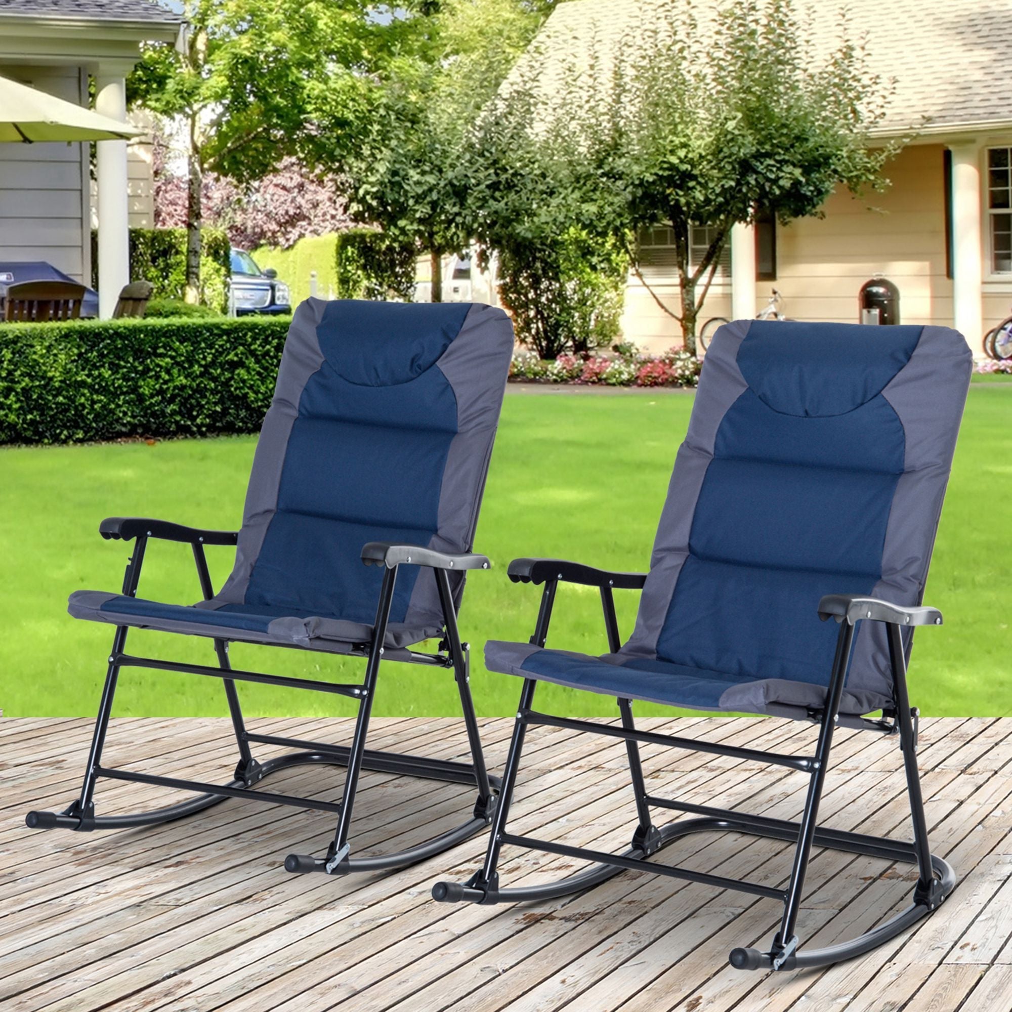 Outsunny 2 Piece Outdoor Patio Rocking Chair Set, Armrests, Padded Seat & Backrest, Navy Blue & Gray