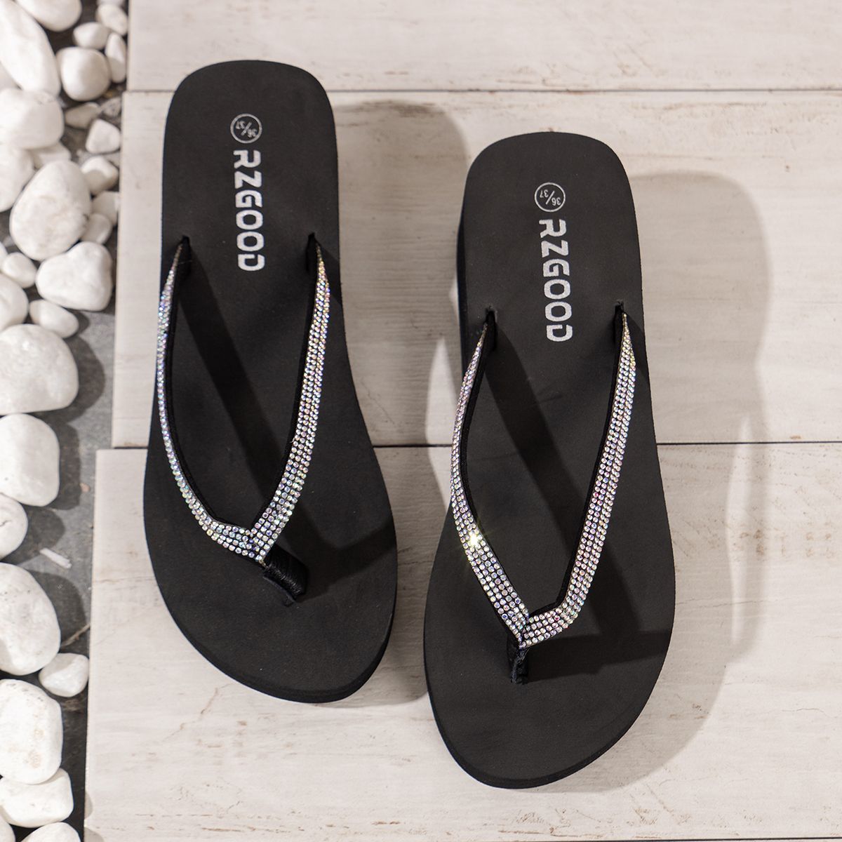 Women's Solid Color Flip Flops, Platform Slip on Rhinestone Decor Beach Slides, Non-Slip Wedge Seaside Slides