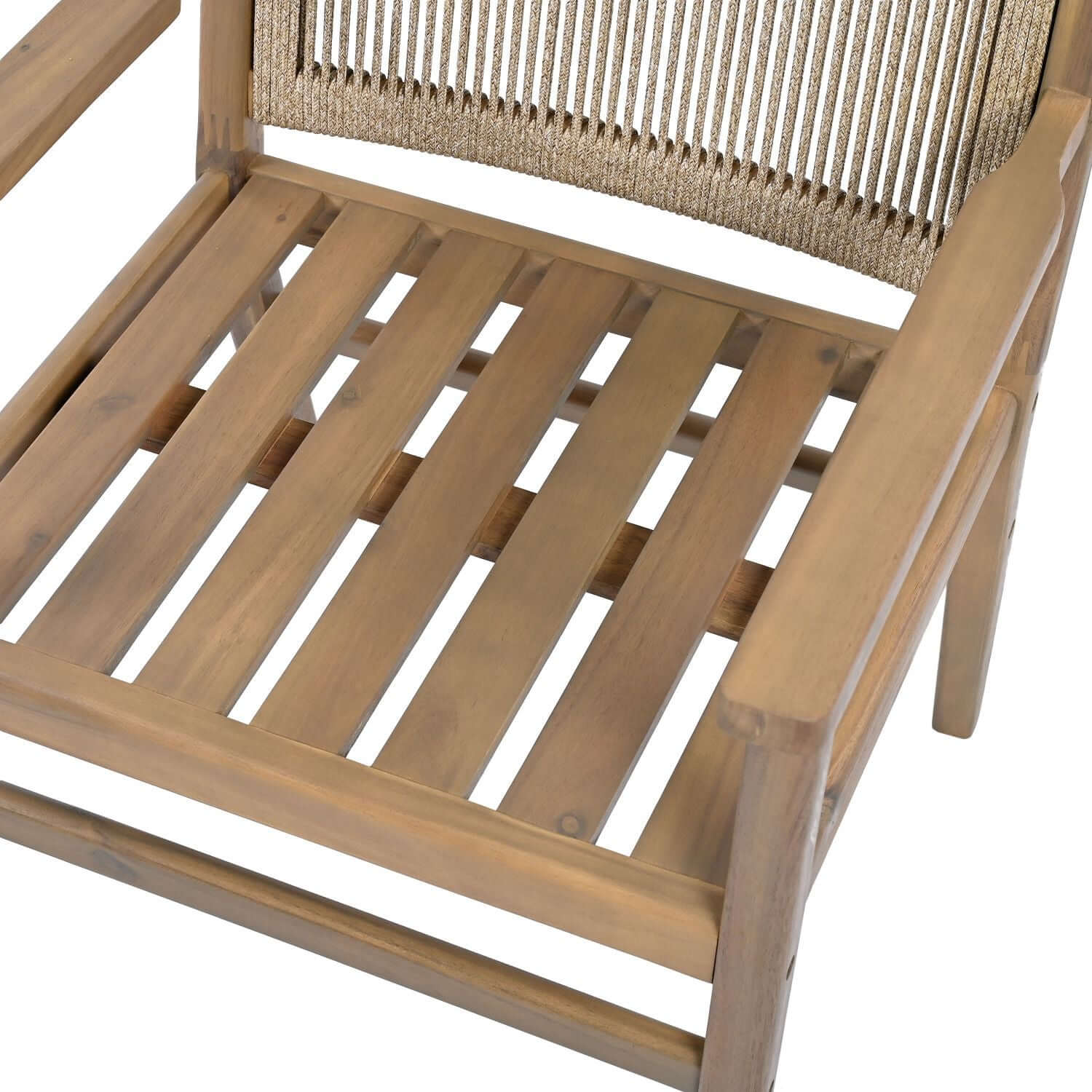 Outdoor Dining Chairs Set of 2, Acacia Wood Patio Armchair with Rope Design Back and Water Repellent Cushion, Light Brown, 400lbs Weight Capacity