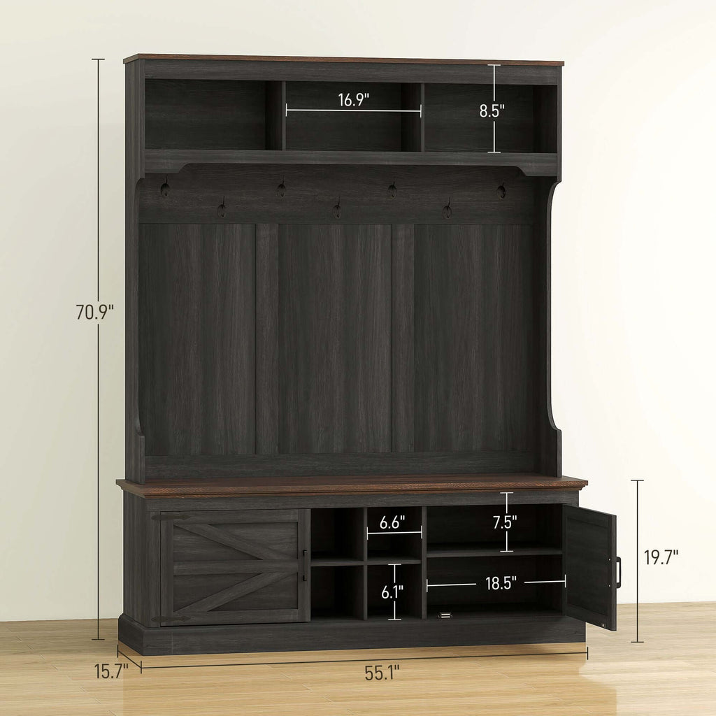 HOMCOM 3-in-1 Hall Tree with Shoe Storage, Coat Rack with Bench, Entryway Furniture with Hooks, Black Wood Grain