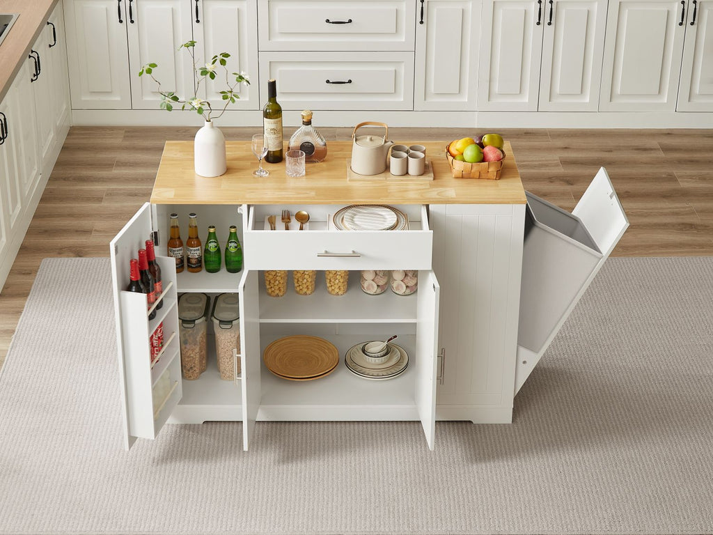 53'' Kitchen Storage Islands with Drawers and Trash Can Storage for Kitchen & Dining. Modern Farmhouse Design, White, 53.2"W x 20.9"D x 38.0"H.