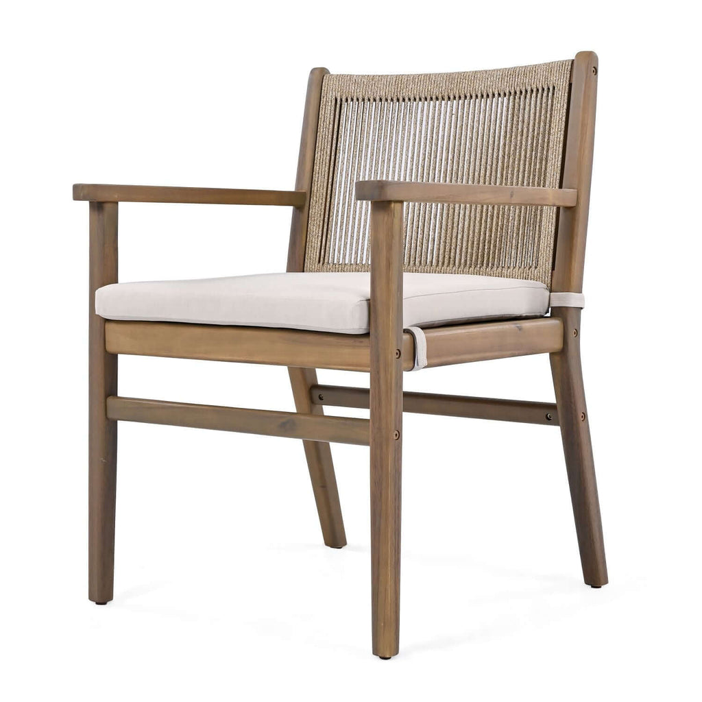 Outdoor Dining Chairs Set of 2, Acacia Wood Patio Armchair with Rope Design Back and Water Repellent Cushion, Light Brown, 400lbs Weight Capacity