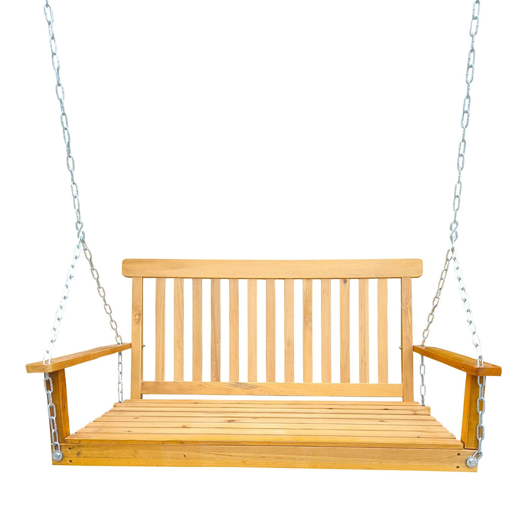 Front Porch Swing with Armrests;  Wood Bench Swing with Hanging Chains; for Outdoor Patio ; Garden Yard;  porch;  backyard;  or sunroom; Easy to Assemble; teak