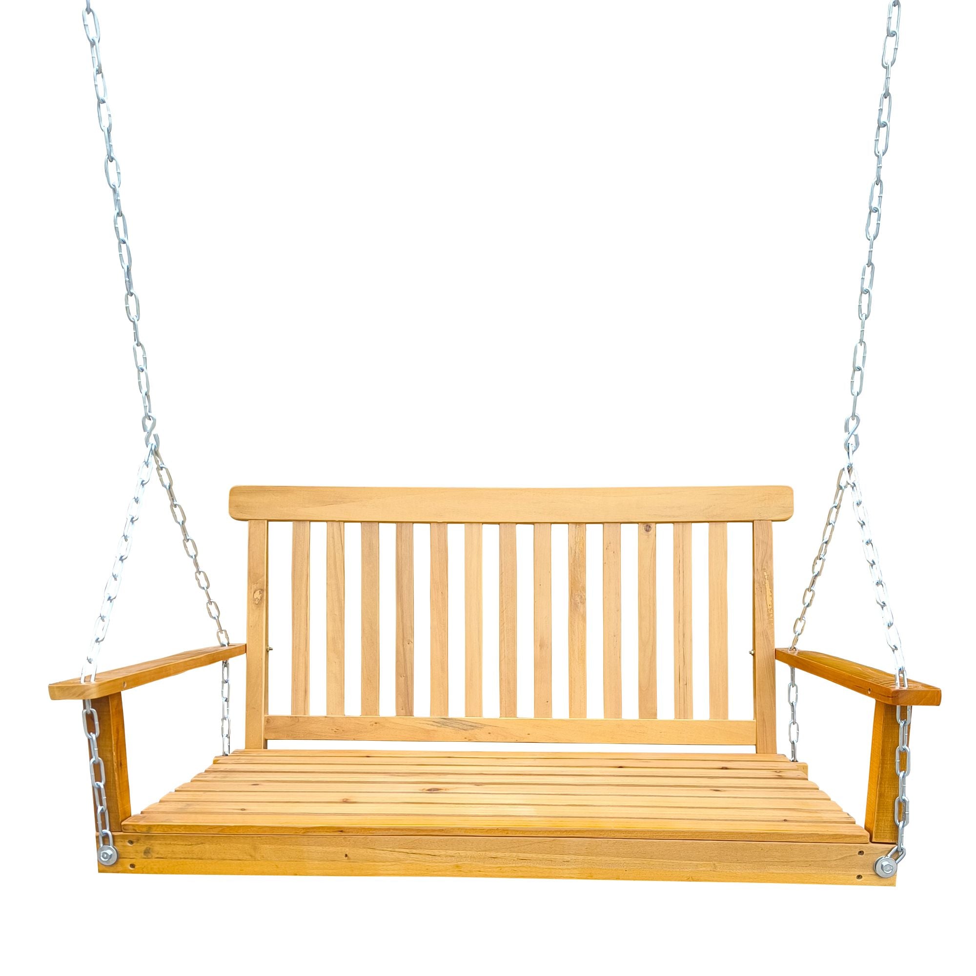 Front Porch Swing with Armrests;  Wood Bench Swing with Hanging Chains; for Outdoor Patio ; Garden Yard;  porch;  backyard;  or sunroom; Easy to Assemble; teak