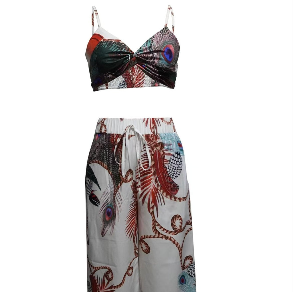 Women's Feather Print Vacation Pants Set