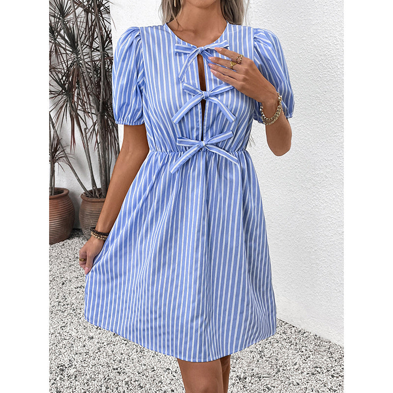 Women's Striped Tie-Front Puff Sleeve Mini Dress