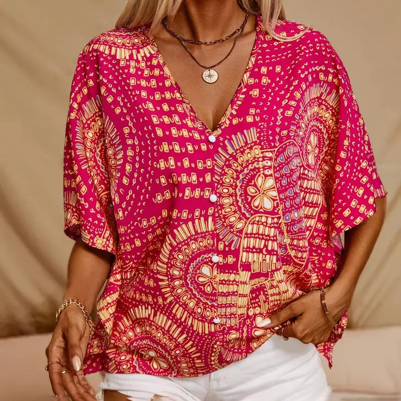 Mandala Print V-Neck Blouse â€?Casual Vacation Top