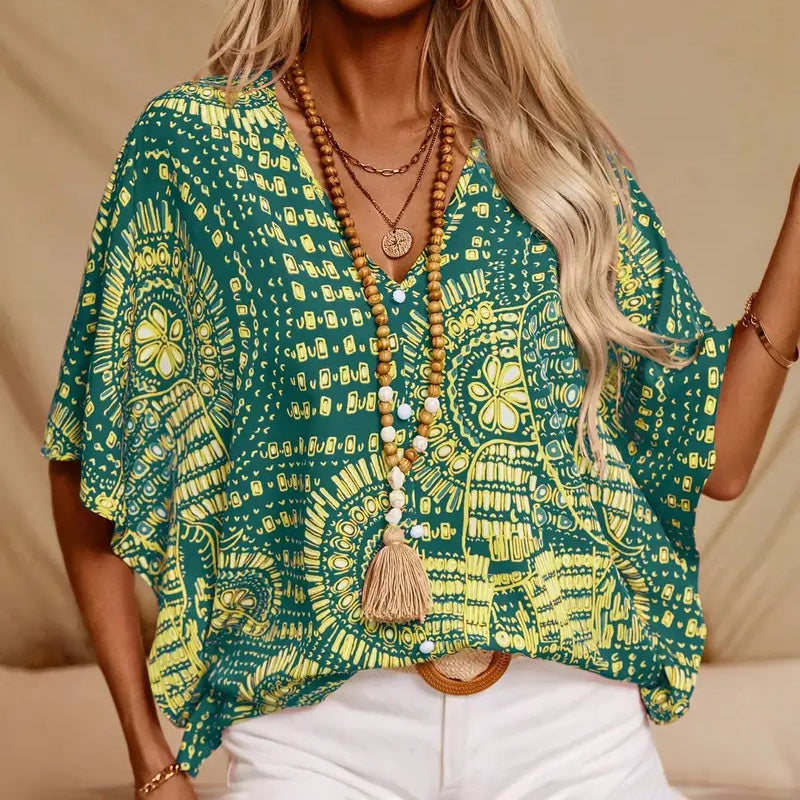 Mandala Print V-Neck Blouse â€?Casual Vacation Top