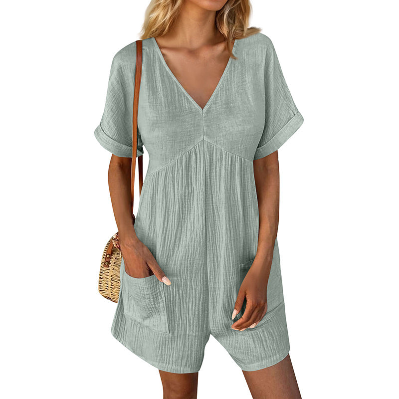 Summer Romper Casual Short Sleeve V Neck Short Jumpsuits
