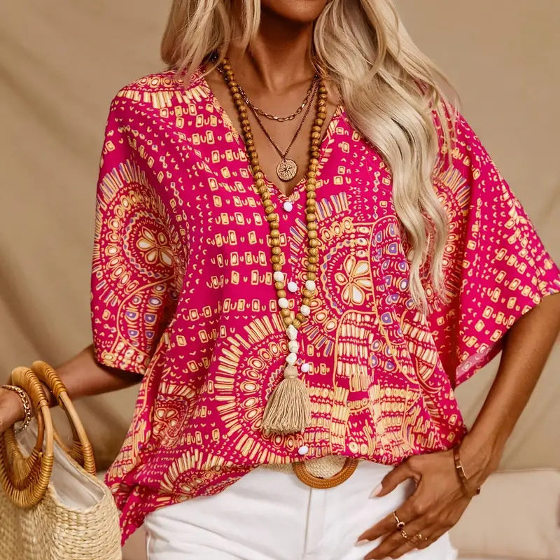 Mandala Print V-Neck Blouse â€?Casual Vacation Top
