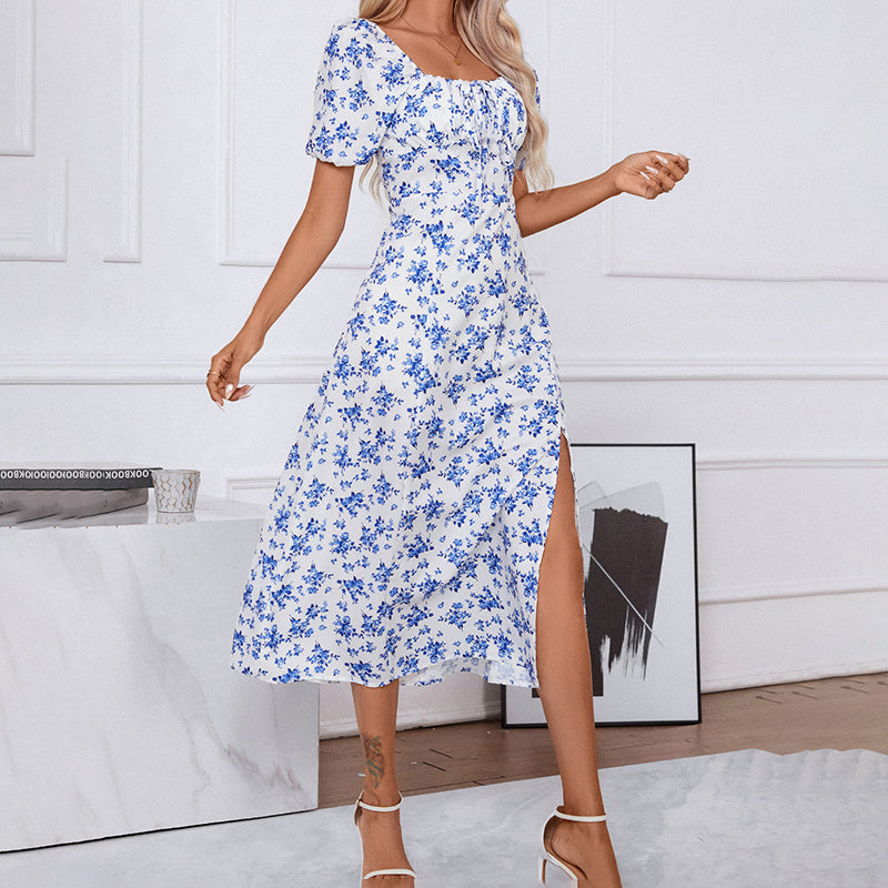 Square Neck Floral Print Dress With Puff Sleeves & Side Slit Maxi Dress