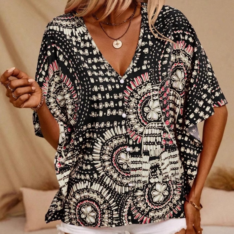 Mandala Print V-Neck Blouse â€?Casual Vacation Top