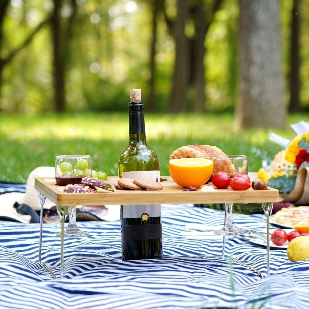 Folding Bamboo Wine Picnic Table with Bottle Opener â€?Portable Cheese & Snack Tray with Wine Glass Holders
