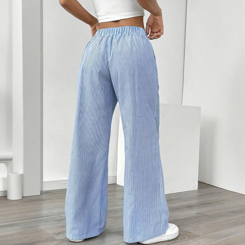 Women's Striped Print Straight Wide Leg Pockets Pants Casual Long Pants