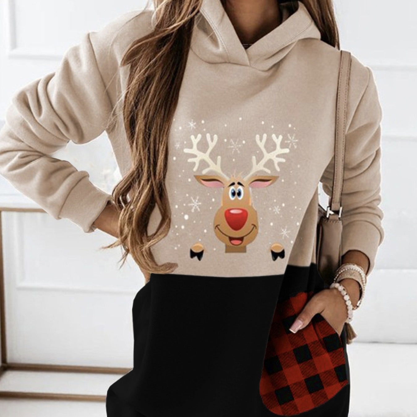 Women's Deer & Plaid Hooded Sweatshirt Dress