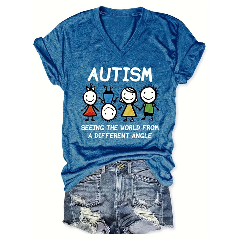 V-Neck 'AUTISM' Letters & Cartoon Children Print Tee