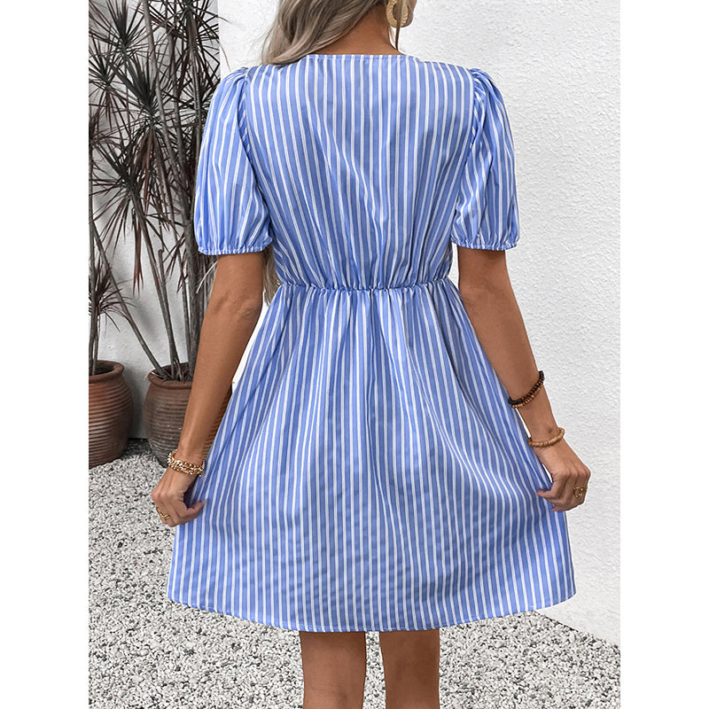 Women's Striped Tie-Front Puff Sleeve Mini Dress
