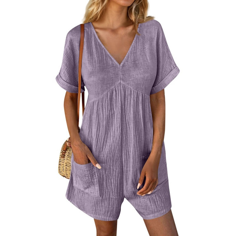 Summer Romper Casual Short Sleeve V Neck Short Jumpsuits