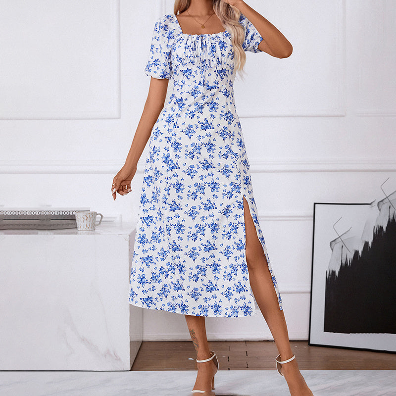 Square Neck Floral Print Dress With Puff Sleeves & Side Slit Maxi Dress