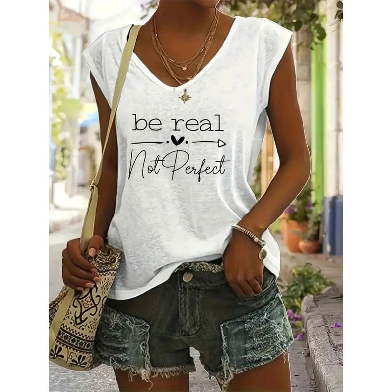 Women's V-Neck Slogan Print Short Sleeve T-Shirt Casual Comfort Top For Summer
