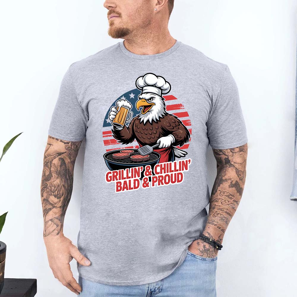 Grillin' & Chillin', Bald & Proud T-Shirt â€?Patriotic Bald Eagle BBQ Vintage Tee