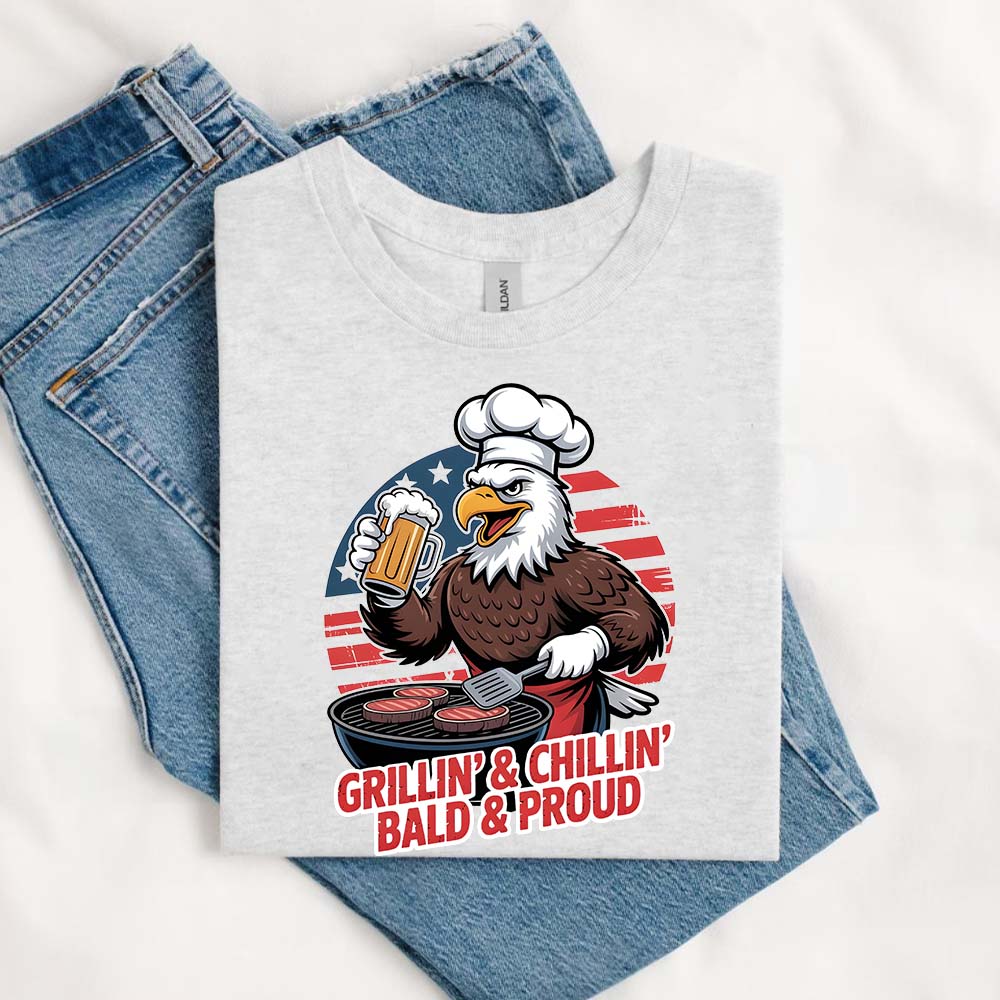 Grillin' & Chillin', Bald & Proud T-Shirt â€?Patriotic Bald Eagle BBQ Vintage Tee