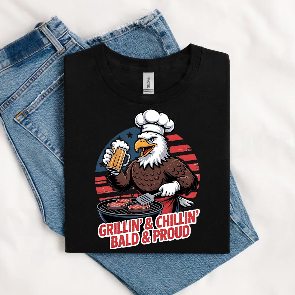 Grillin' & Chillin', Bald & Proud T-Shirt â€?Patriotic Bald Eagle BBQ Vintage Tee